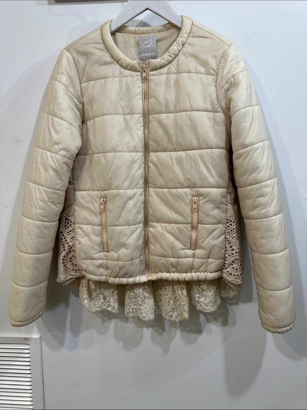 Light Cream Quilted Jacket with Lace Trim - Unbranded